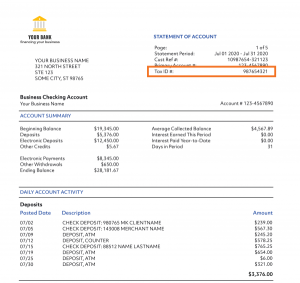 Business online account profile or bank account statements